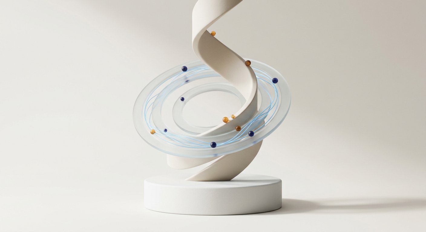 Concentric glass rings and flowing ribbon curves on a white pedestal with luminous azure threads