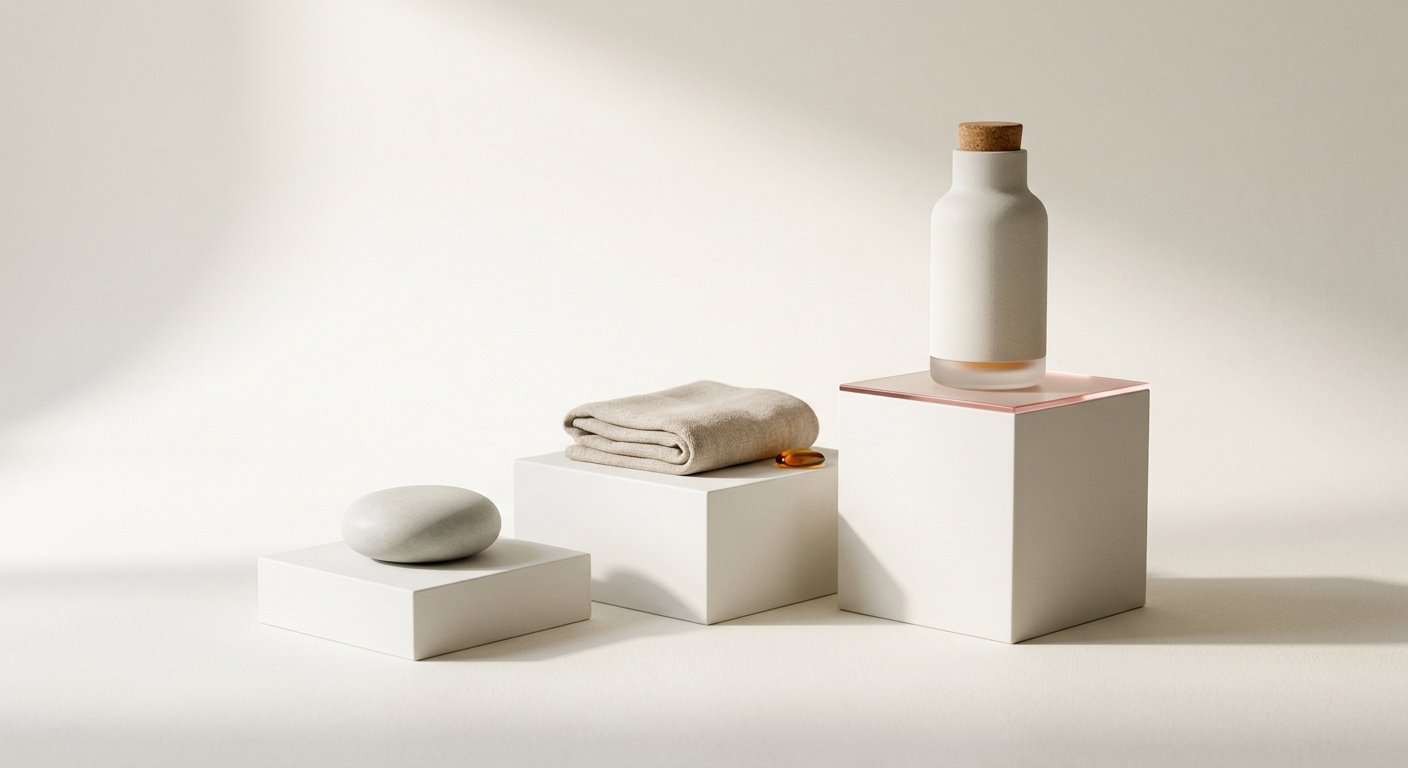 Three white product plinths holding a ceramic bottle, folded textile and smooth stone, one rimmed with rose light
