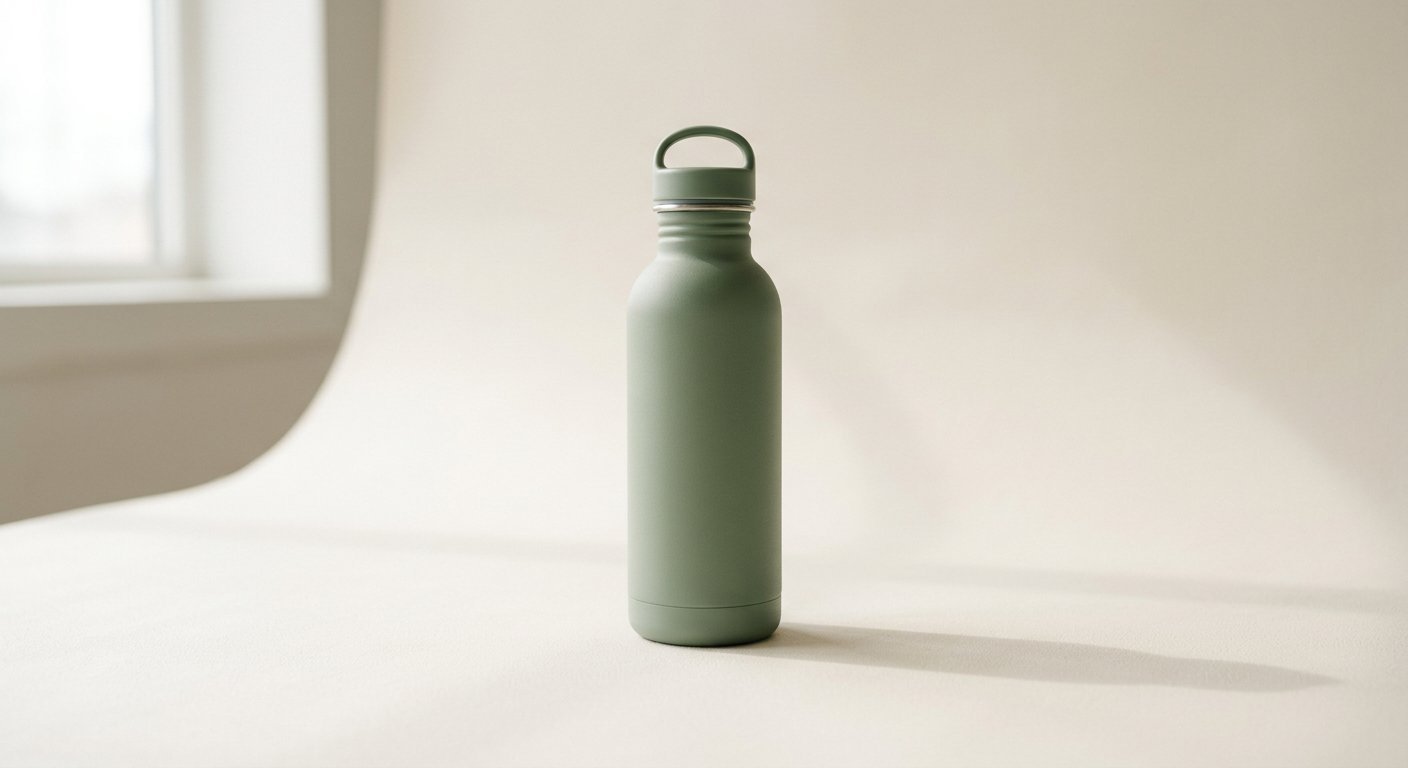Fictional demo product: sage green insulated bottle on a warm white surface